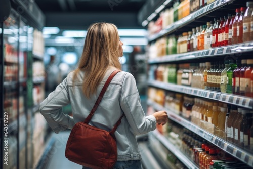 A woman shopping products in a grocery store, considering nutrition, prices, and ingredients, demonstrating informed consumer behavior. © radekcho