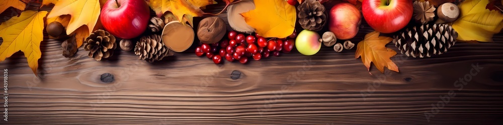 Autumnal decorations on a wooden background. Yellow and red leafs, apples, nuts and cones on a wooden background. Top view. Generative AI Autumnal decorations on a wooden background. Yellow and red leafs, apples, nuts and cones on a wooden background. Top view. Generative AI