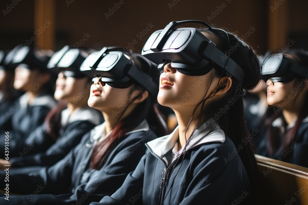 Group of students at aged 10, wearing virtual reality headset in class room generate with Ai. Group of students at aged 10, wearing virtual reality headset in class room generate with Ai.