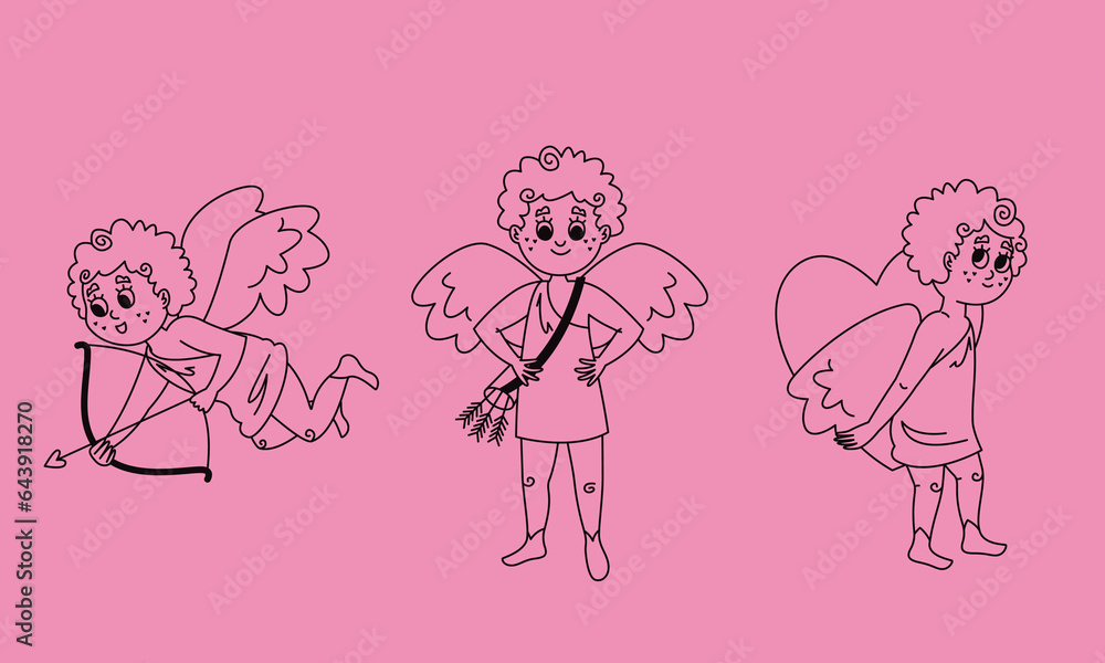 Cupid in different poses. Cute character in outline style. Cupid in different poses. Cute character in outline style.