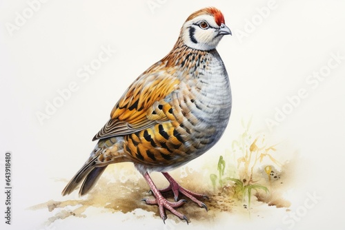 Watercolor painting of a bird similar to partridge or quail, standing on a white background. Generative AI