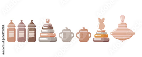 Pyramid toys for children. A bottle, a cup. Vector isolated illustrations for children's design.