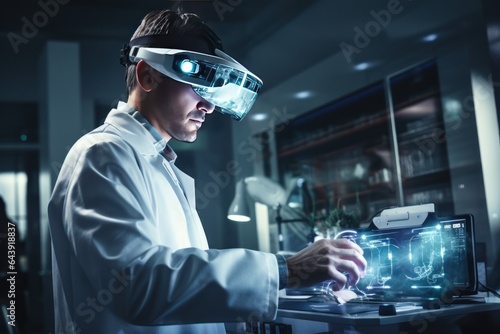 Doctor wearing virtual reality headset innovation of health care and Medical technology, Generate with Ai.