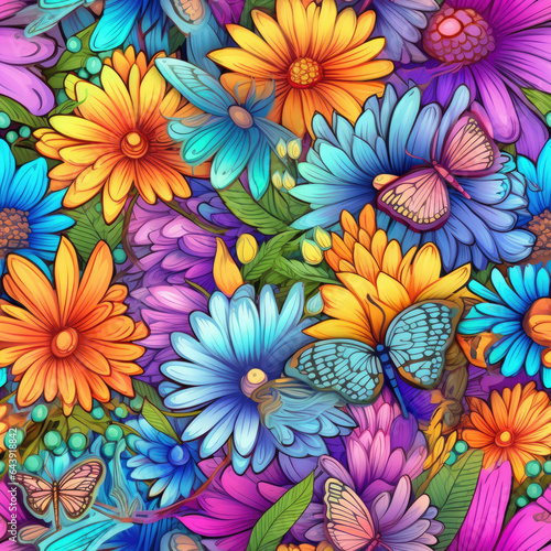 Daisies and butterflies dancing in a whimsical seamless pattern, AI Generated