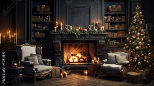 Interior of luxury classic living room with Christmas decor. Blazing fireplace, garlands and burning candles, elegant Christmas tree, gift boxes, bookcases. Christmas and New Year celebration concept.