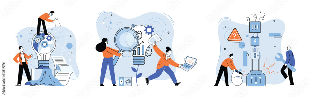 Fototapeta premium Team solving problems. Planning, startup, coaching and problem solving, success Characters develop success innovation solution with aspiration and efforts, work on smart startup Search for right