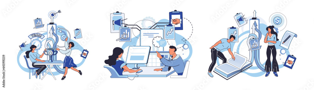 Team solving problems. Teamwork problem solving solution partnership Agile project management, planning and deadline, software development, scrum workflow, problem solving FAQ question and answer,