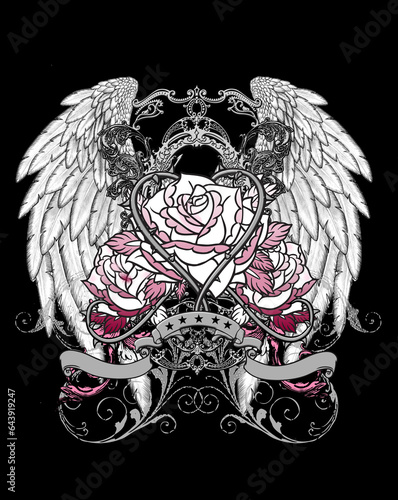 rose heart design print with wings 