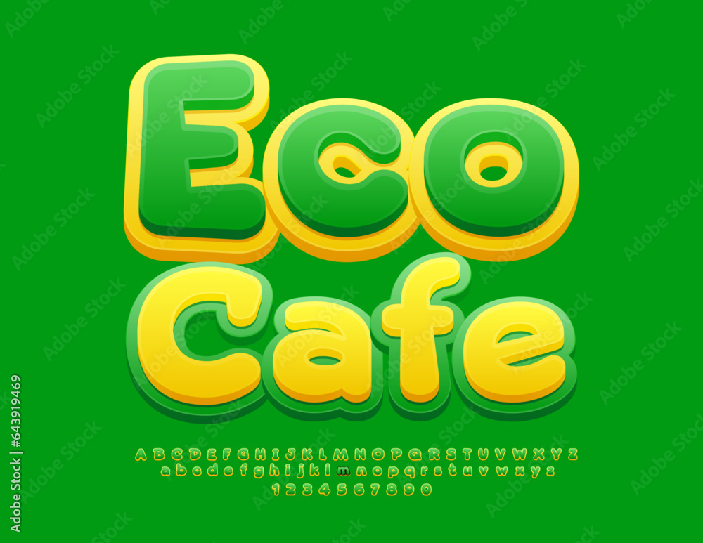 Vector creative template Eco Cafe. Yellow and Green bright Font. Funny Alphabet Letters, Numbers and Symbols set