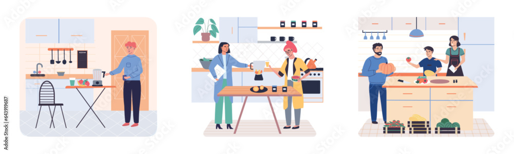 People cooking vegetarian food. Vector illustration. Smiling people cooking on home interior kitchen table. Characters cooking fresh salad and other healthy meals from fresh vegetables People cooking vegetarian food. Vector illustration. Smiling people cooking on home interior kitchen table. Characters cooking fresh salad and other healthy meals from fresh vegetables