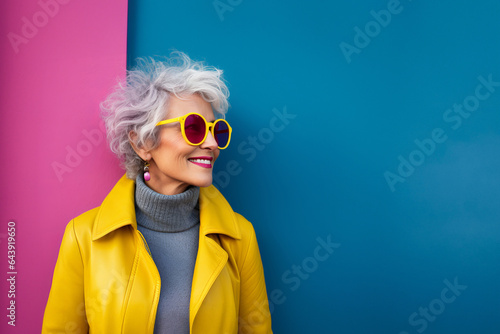 Portrait of smiling elderly woman in yellow jacket and yellow glasses against blue and pink wall. Copy space. 