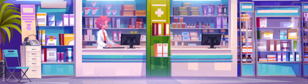 Pharmacy store interior with counter and woman character. Pharmacist inside drugstore with shelves full of drug, vitamin and chemist for sale. Treatment seller near showcase with prescription product