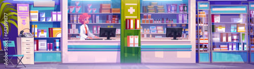 Pharmacy store interior with counter and woman character. Pharmacist inside drugstore with shelves full of drug, vitamin and chemist for sale. Treatment seller near showcase with prescription product