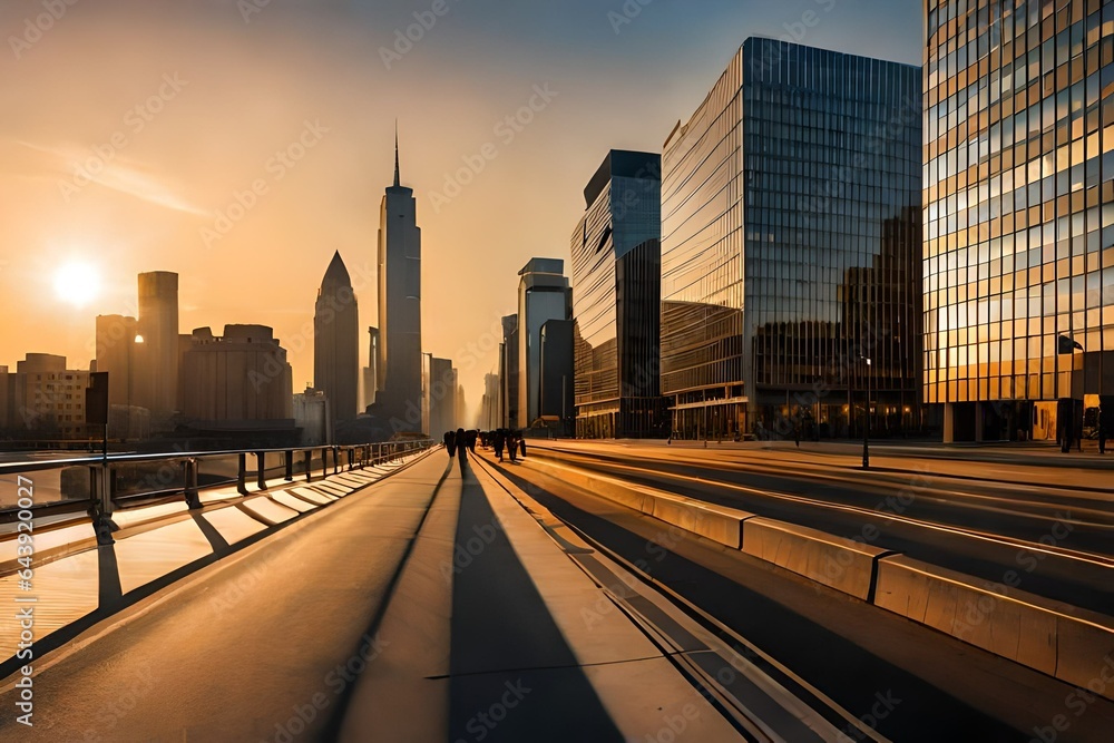 Tall, imposing concrete buildings line the bustling road, casting elongated shadows in the golden hour sunlight. 