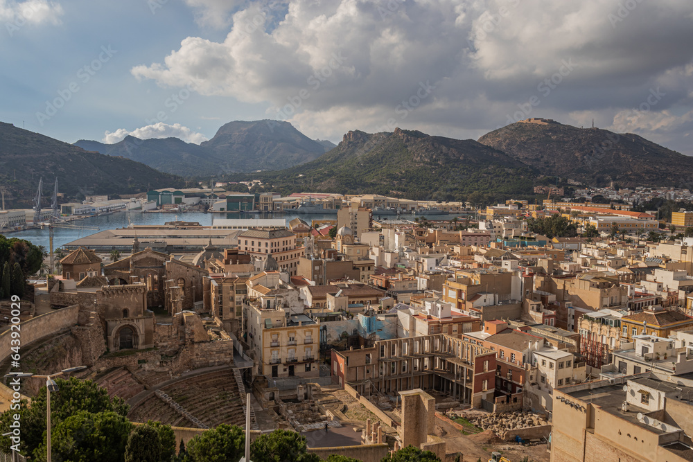 Panoramic view of the city of Cartagena, ancient Roman theatre, sea and hills