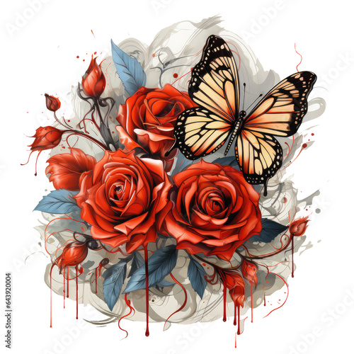 Watercolor red rose flowers T-shirt Design, roses forming an intricate pattern on the wings, Generative Ai © Creative Artist