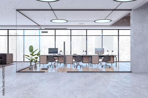 Contemporary spacious glass office meeting room interior with furniture and large panoramic windows with city view. 3D Rendering.