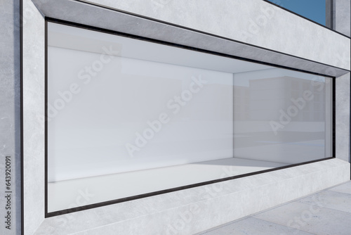 New outdoor shopping glass in concrete building. Daylit day. Mock up place for your advertisement. 3D Rendering.