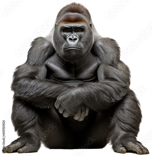 Sitting gorilla isolated on a white background as transparent PNG