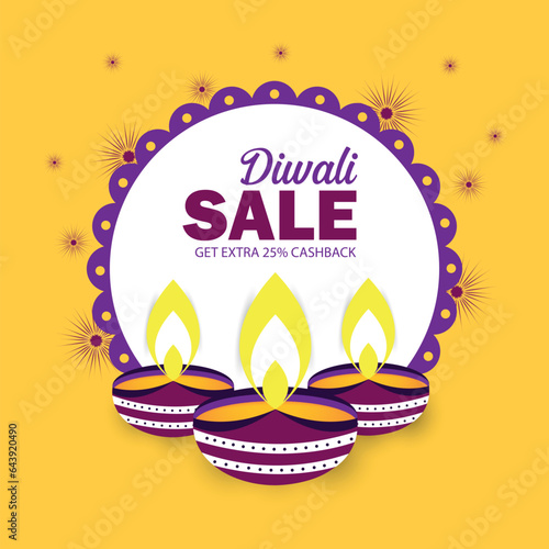 Diwali Sale Poster Design with 25% Discount Offer, Illuminated Oil Lamps