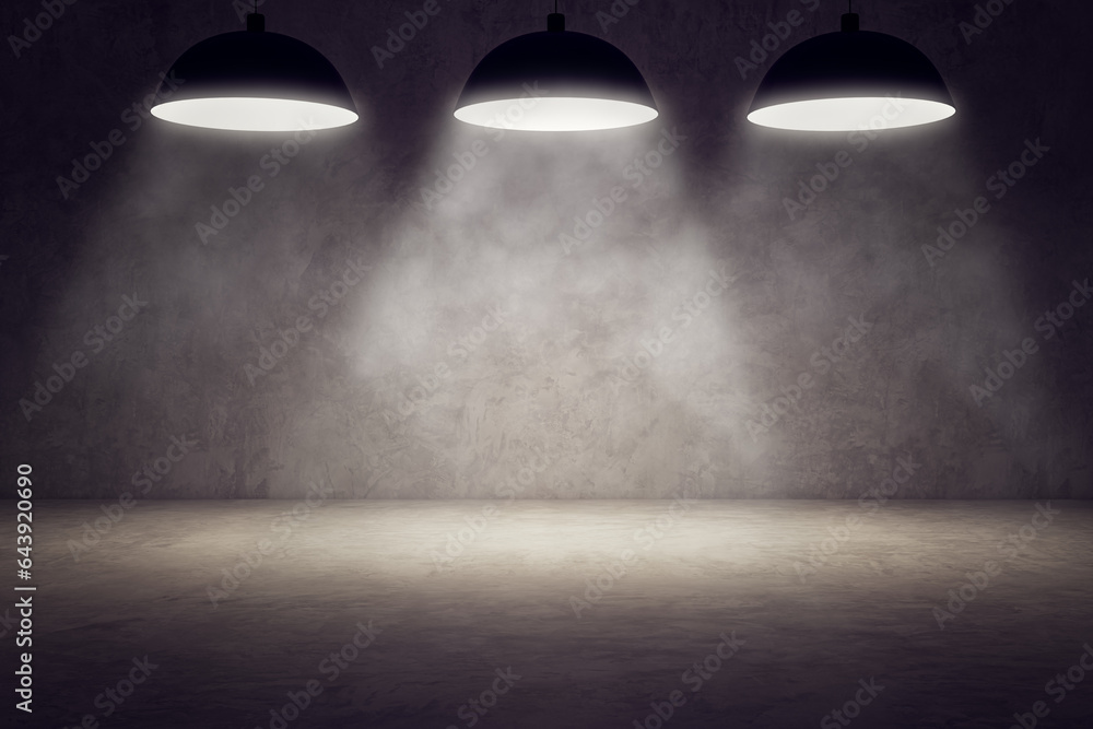 Empty concrete interior with lamps and illuminated mock up place. 3D Rendering.