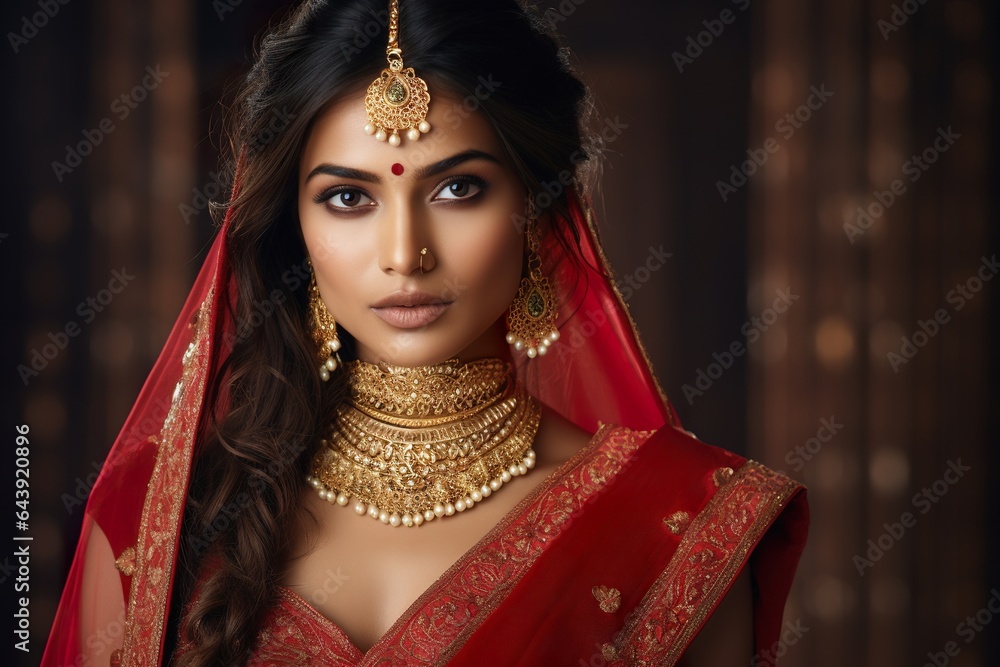 A young beautiful woman of Indian ethnicity wearing traditional bridal costumes and jewellery - obrazy, fototapety, plakaty 
