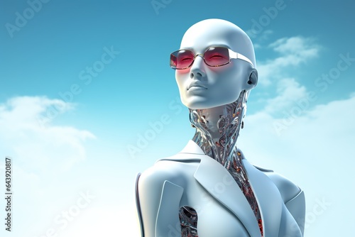 Fashion portrait of a female robot  wearing red sunglasses against blue sky background © AJay