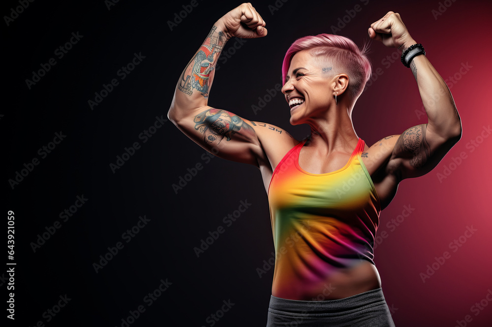 Strong middle aged woman with short pink hair, tattoos and rainbow singlet on dark background. Women power concept. Copy space. 