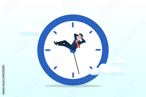 Lazy businessman sleeping on the time running clock, wasted time, procrastination or slow life, lazy to work, low productivity or efficiency, self discipline problem, tired or no motivation (Vector)