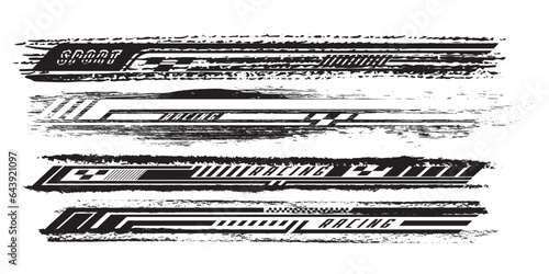 Sport car decal stripes. Speed lines, racing tuning strips and car sticker vector set. Yellow vehicle marking elements for transport modifying isolated on black. Automobile identity