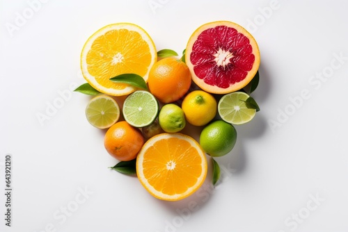 Citrus fruit heart on white background  representing vegan concept. Generative AI