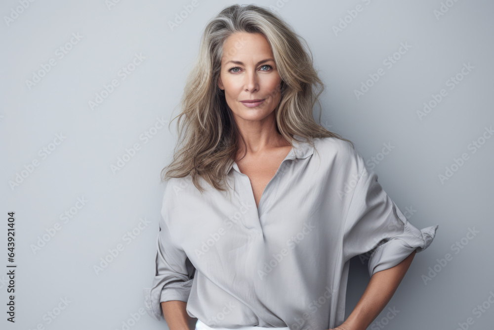 Beautiful middle aged woman leaning against a white wall Beautiful middle aged woman leaning against a white wall