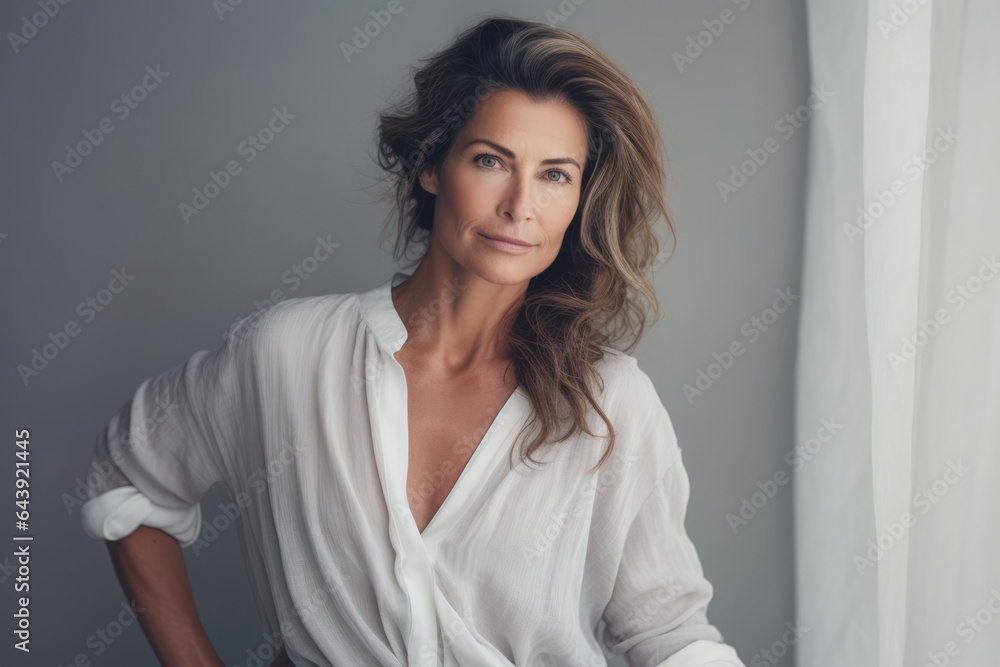Beautiful middle aged woman leaning against a white wall Beautiful middle aged woman leaning against a white wall