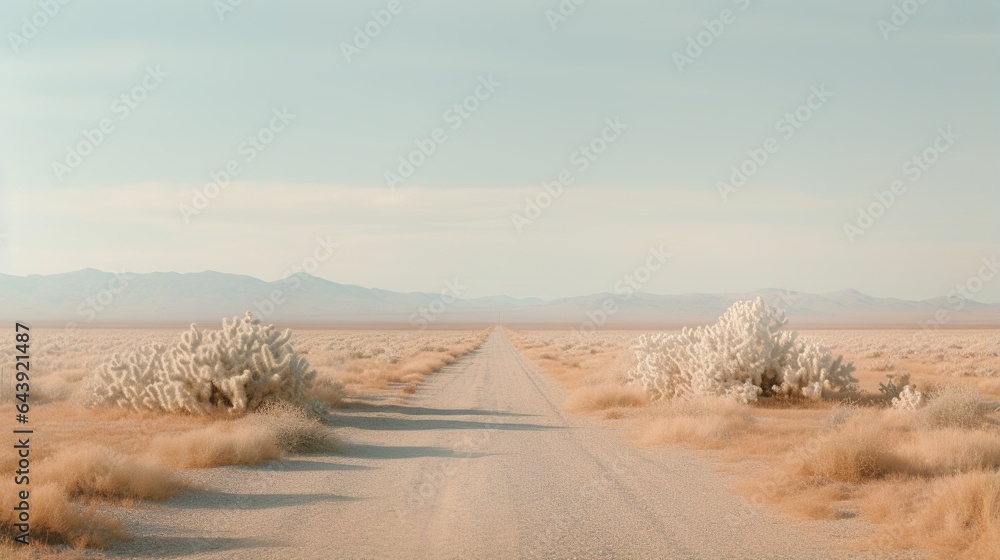 Generative AI, lonely road in the desert, aesthetic, muted neutral colors, cacti plants Generative AI, lonely road in the desert, aesthetic, muted neutral colors, cacti plants