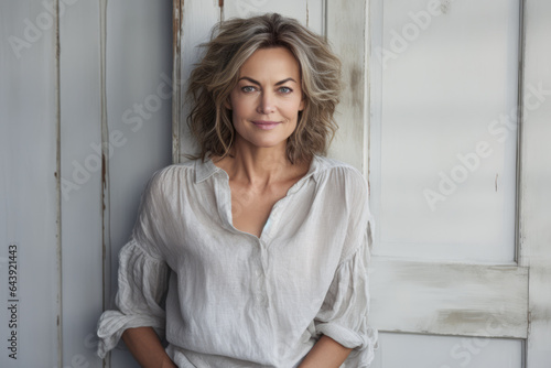 Beautiful middle aged woman leaning against a white wall