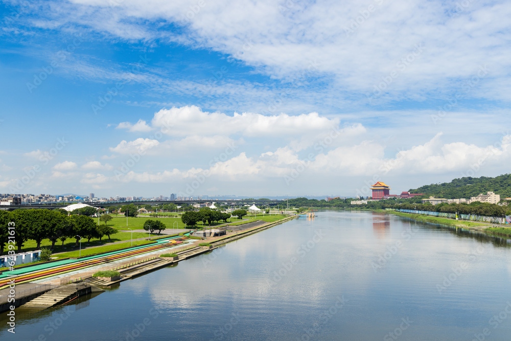 Taiwan, 12 August 2023: Taipei City skyline with river