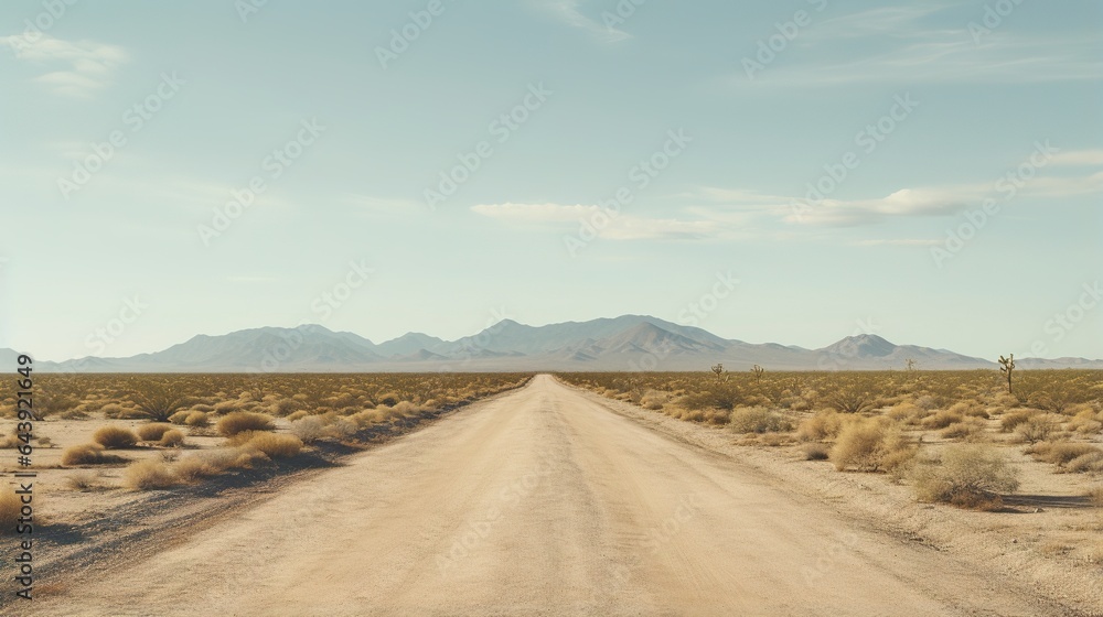 Generative AI, lonely road in the desert, aesthetic, muted neutral colors, cacti plants