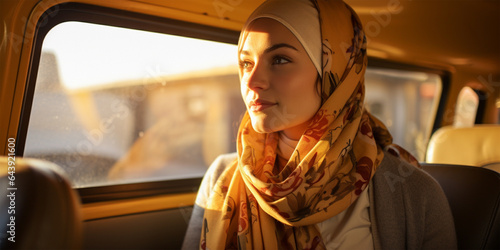 Portrait of beautiful young muslim woman wearing headscarf in car