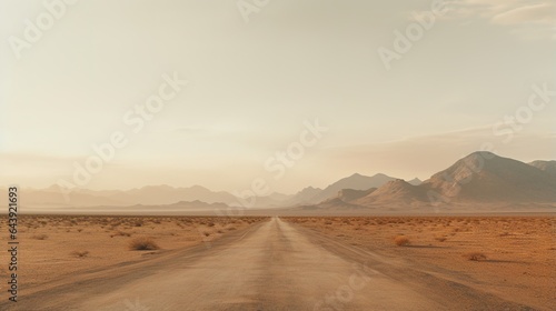 Generative AI  lonely road in the desert  aesthetic  muted neutral colors  cacti plants