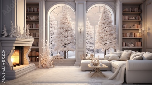 Interior of classic white living room with Christmas decor. Blazing fireplace, garlands and burning candles, elegant Christmas tree, comfortable cushioned furniture, bookcases, large arch windows.