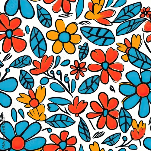 Doodle flower pattern  bright colors  vivid colors  simplistic  hand drawn AI Generated