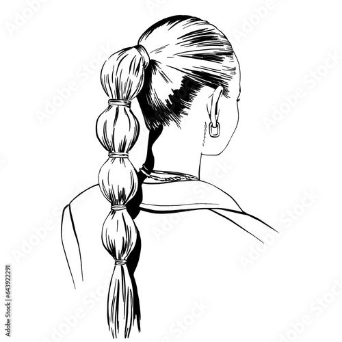 fashion woman Hairstyle line sketch. trendy ponytail with scrunchy. Girls Head back view. isolated monochrome line illustration for hairdresser and beauty salon.