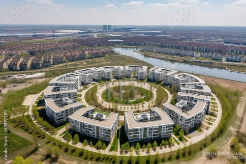 Aerial view of a contemporary eco-friendly neighborhood in Almere, Netherlands powered by solar panel island supplying city heating. Generative AI