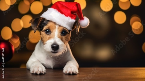 Dog in santa hat on bokeh background copy space. © Анастасия Козырева