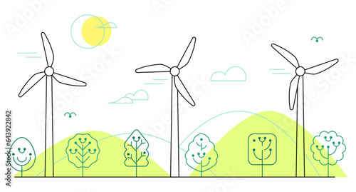 Illustration sur l'énergie verte, production d'électricité par des éoliennes dans un paysage nature avec des arbres, vecteur style traits fins pour landing page de site web, sensibilité écologique