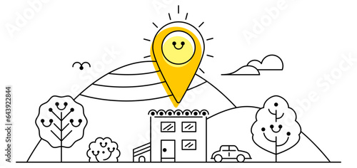 Illustration avec icône de géolocalisation, une maison dans un grand jardin avec des arbres avec au-dessus le soleil sont trouvés sur la carte par des coordonnées GPS, vecteur aux lignes fines