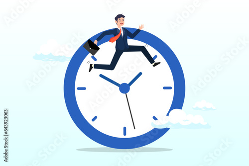 Confident businessman holding suitcase jumping on clock hands metaphor of time management, work efficiency, time management to help finish multitasking work or smart productivity (Vector)