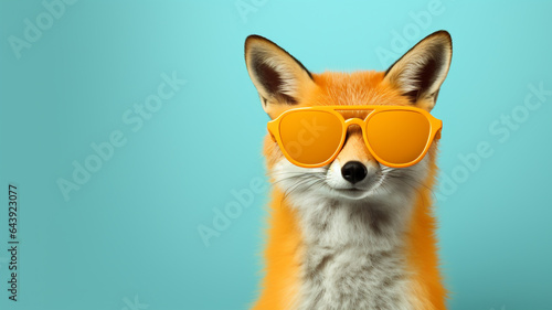 Fox wearing orange sunglasses  Cute animal in shades on minimal clean background  Editorial animal concept   Generative AI