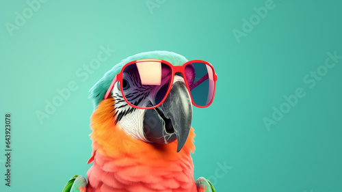 Parrot wearing red sunglasses, Party animal in shades on minimal green background, Editorial animal concept | Generative AI