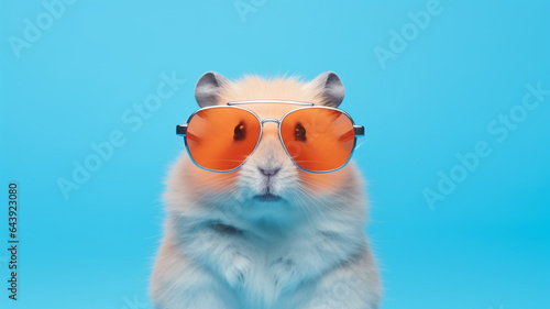 Hamster wearing stylish sunglasses, Cute gerbil in shades on minimal clean blue background, Editorial animal concept | Generative AI